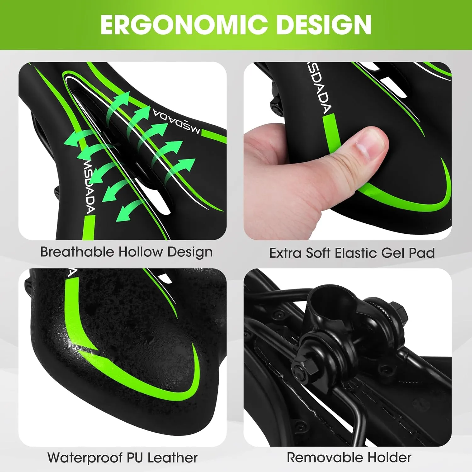 MSDADA Gel Bike Seat - Comfortable Bicycle Saddle with Extra Soft Cushion Padded for Men & Women - Waterproof Mountain, Road & City Bike Saddle