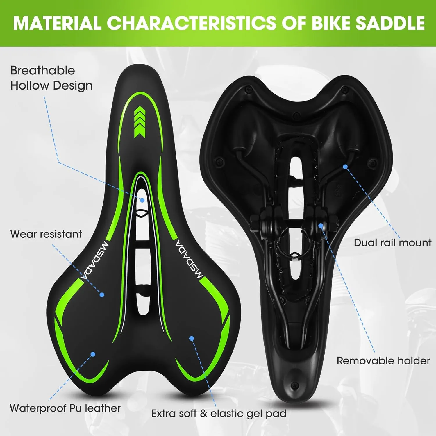 MSDADA Gel Bike Seat - Comfortable Bicycle Saddle with Extra Soft Cushion Padded for Men & Women - Waterproof Mountain, Road & City Bike Saddle