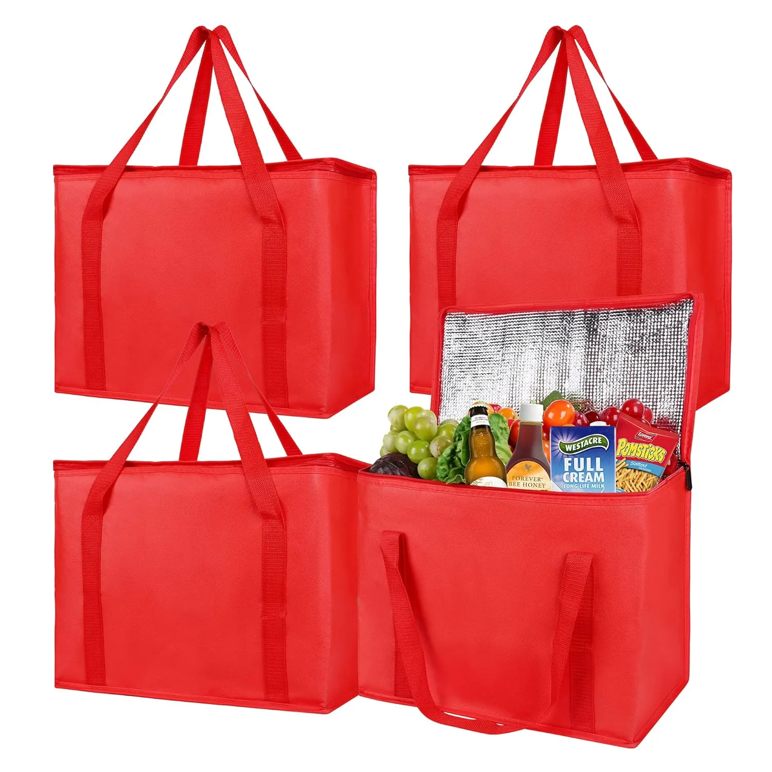 Musbus 4 Pack XL Insulated Grocery Shopping Bags - Red, Cooler, Zipper, Foldable Tote, Cold & Hot, Men/Women, Delivery, Picnic