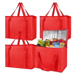 Musbus 4 Pack XL Insulated Grocery Shopping Bags - Red, Cooler, Zipper, Foldable Tote, Cold & Hot, Men/Women, Delivery, Picnic
