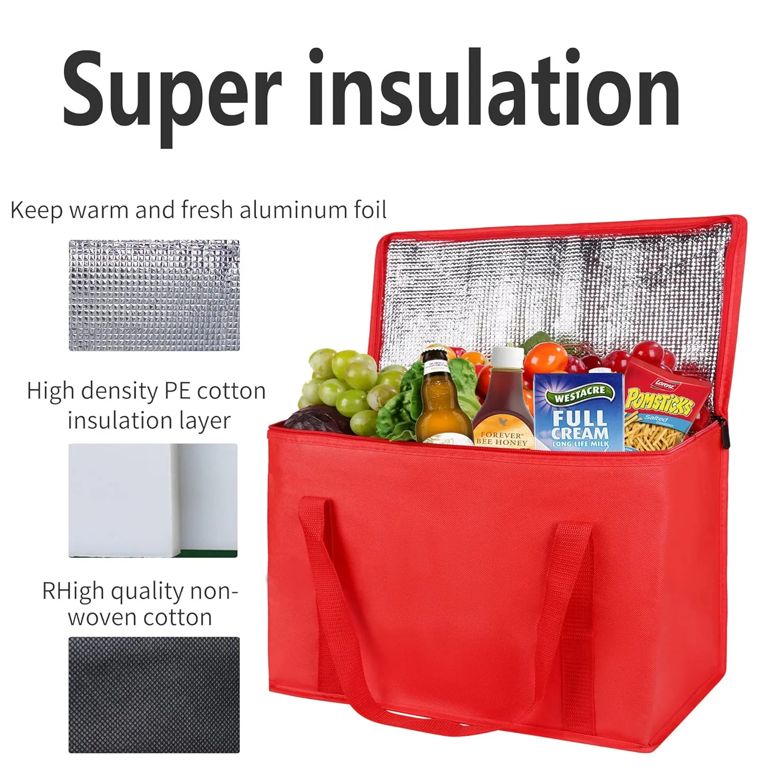 Musbus 4 Pack XL Insulated Grocery Shopping Bags - Red, Cooler, Zipper, Foldable Tote, Cold & Hot, Men/Women, Delivery, Picnic