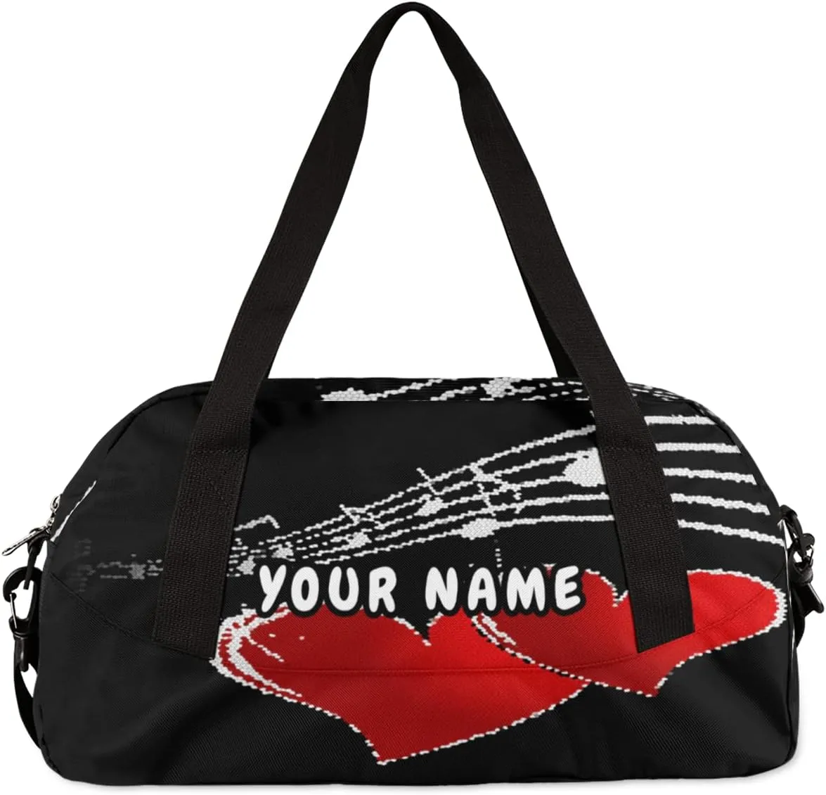 Music Note Red Love Heart Personalized Kids Duffel Bag for Girls Boys, Love Debris Custom Name Dance Bag Overnight Small Duffel Bag Carry On Weekend Sports Travel Bag for School Practice Gymnastics Ballet