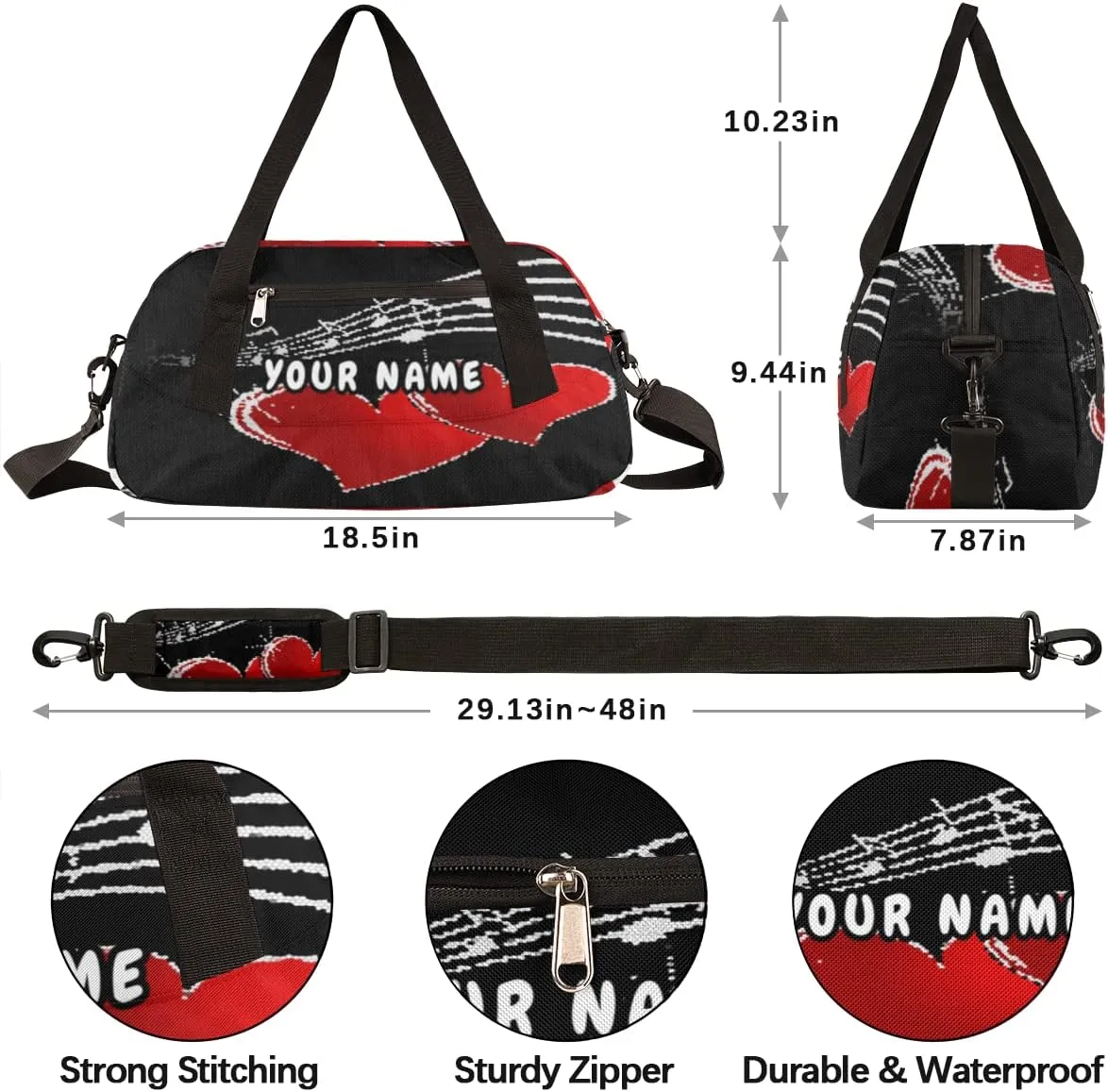 Music Note Red Love Heart Personalized Kids Duffel Bag for Girls Boys, Love Debris Custom Name Dance Bag Overnight Small Duffel Bag Carry On Weekend Sports Travel Bag for School Practice Gymnastics Ballet