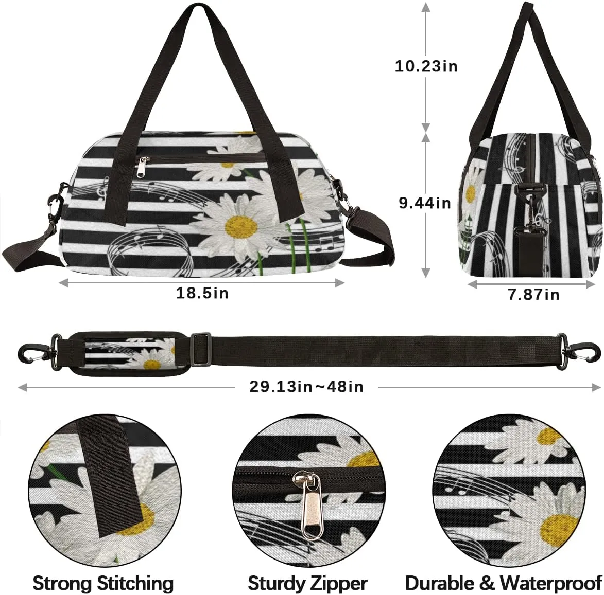 Music Notes Daisies Kids Duffel Bag for Girls Boys Teens, Notes Oil Painting Dance Bag Overnight Small Duffel Bag Carry On Weekend Sports Gym Travel Bag for School Practice Gymnastics Ballet