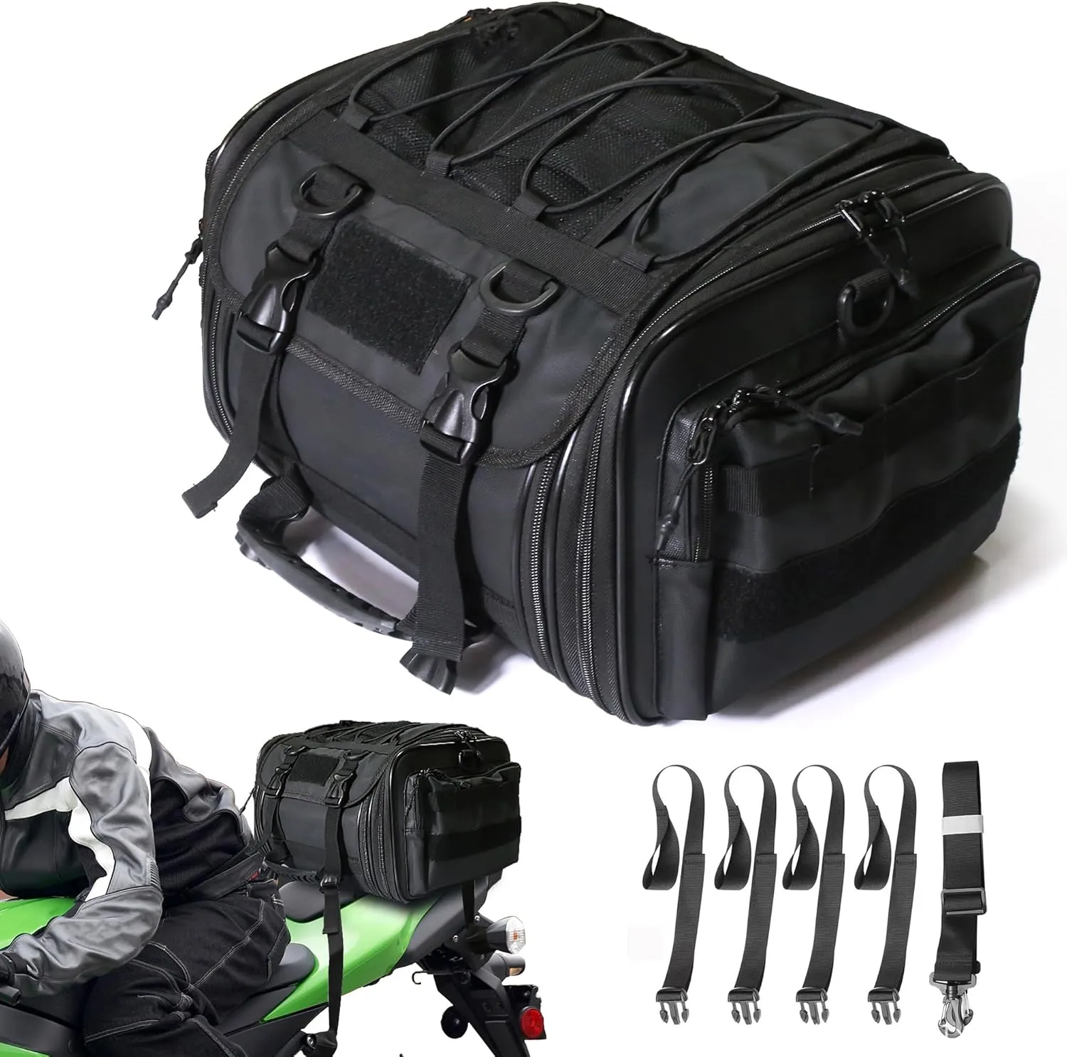 MZS Motorcycle Travel Luggage Bag, 27L Expandable Motorcycle Tail Bag Rack Trunk Saddle Storage, Motorbike Rear Seat Bag With Shoulder Strap Waterproof Rain Cover