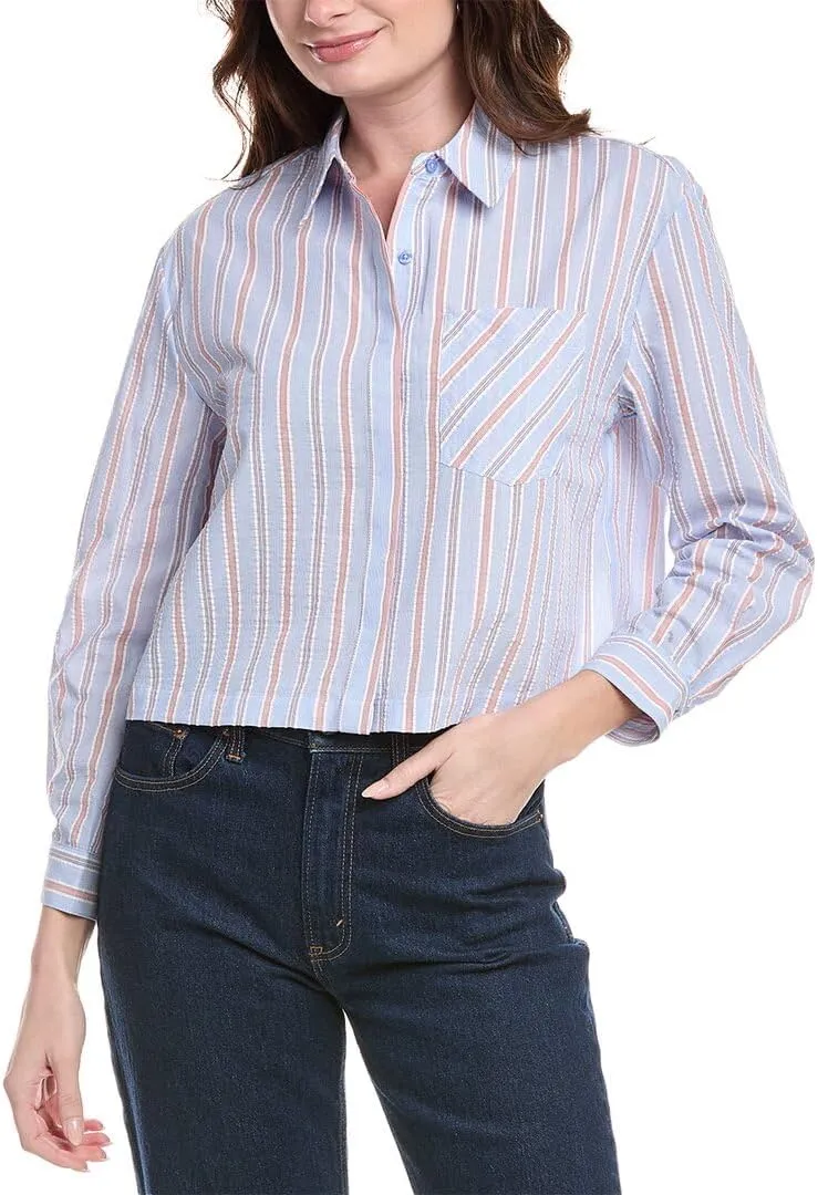 Nanette Nanette Lepore Womens Seersucker Stripe Shirt, M, Blue