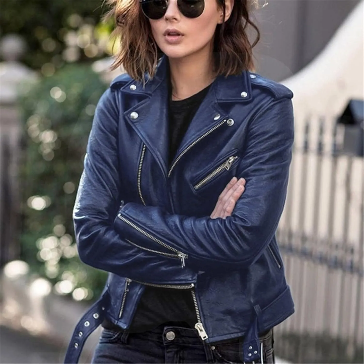 NATHGAM Women's Faux Leather Jackets Trendy Motorcycle Jacket Lightweight Zip Up Crop Jackets Slim Pu Coat Moto Biker Jacket