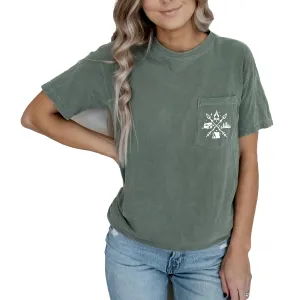 Nature Camping Camper Pocket Shirts for Unisex Women Garment Dyed Mountain Plant T-Shirt Flower Graphic Tee Casual Short Sleeve Tops Tee
