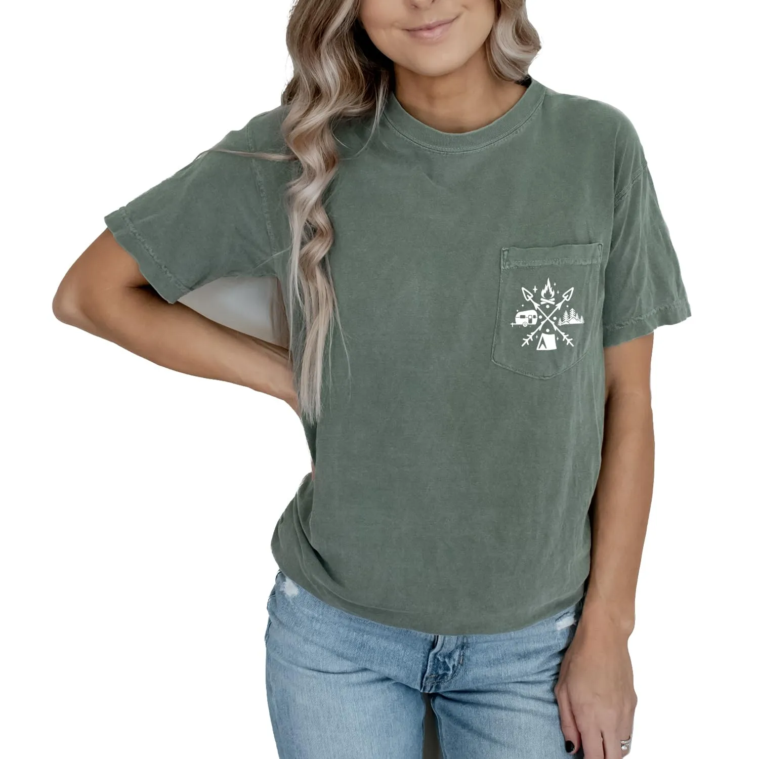 Nature Camping Camper Pocket Shirts for Unisex Women Garment Dyed Mountain Plant T-Shirt Flower Graphic Tee Casual Short Sleeve Tops Tee