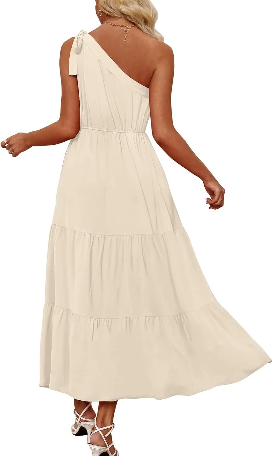 NIASHOT Maxi Dress for Women One Shoulder Ruffle Summer Sleeveless Dresses Flowy
