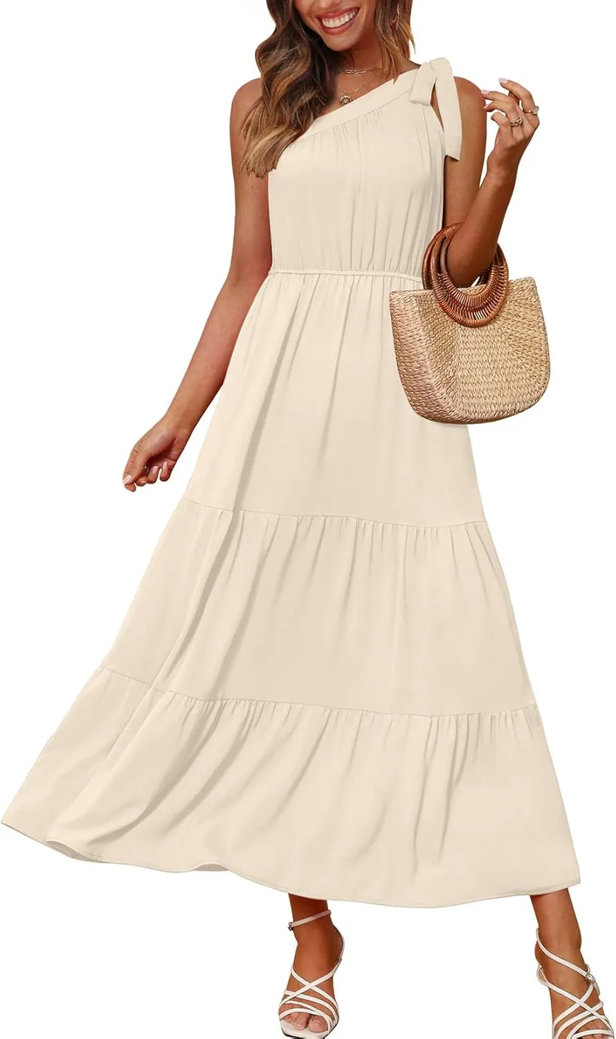 NIASHOT Maxi Dress for Women One Shoulder Ruffle Summer Sleeveless Dresses Flowy