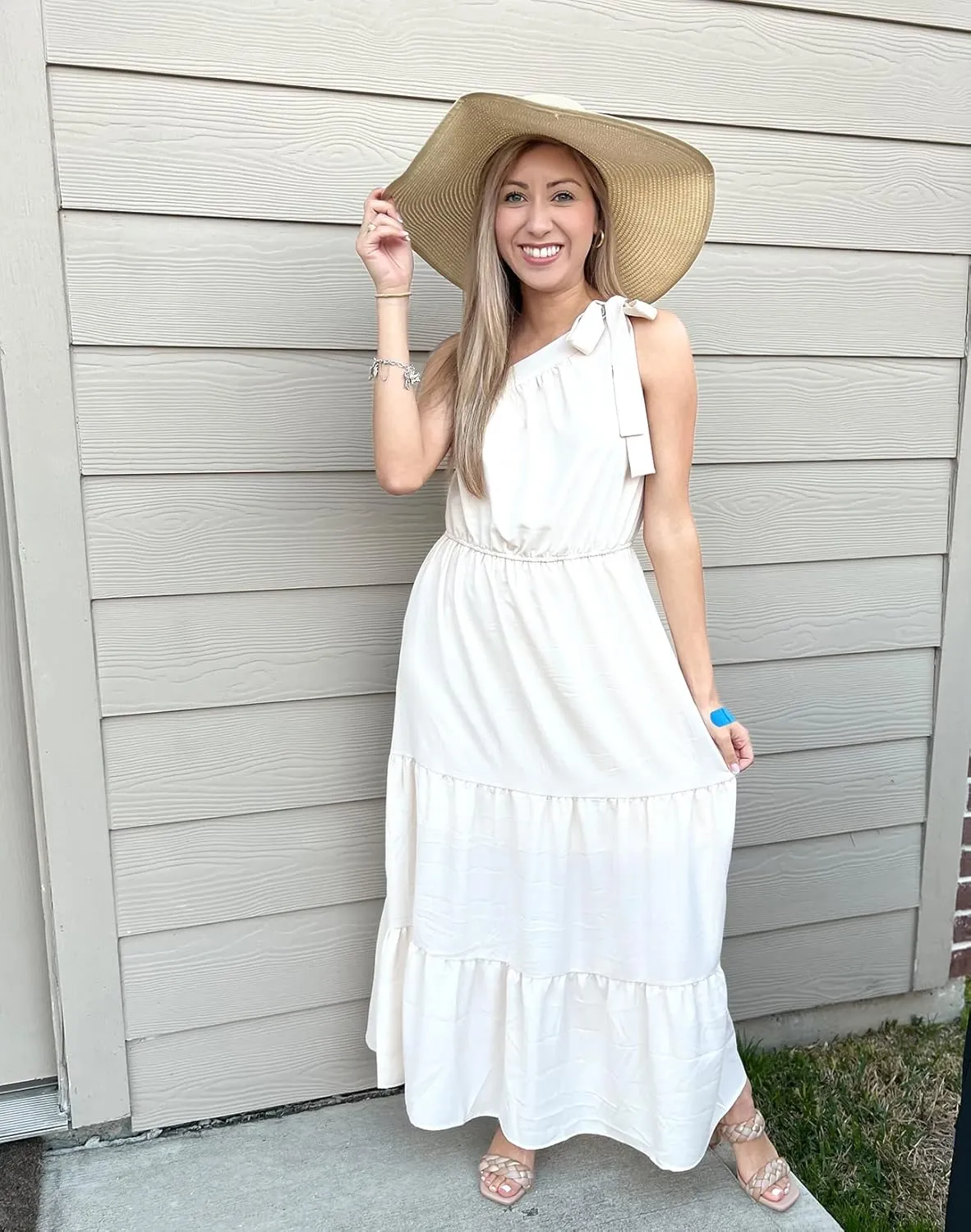 NIASHOT Maxi Dress for Women One Shoulder Ruffle Summer Sleeveless Dresses Flowy