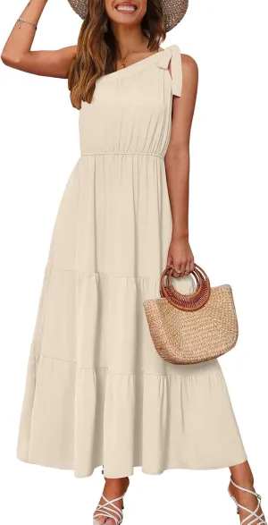 NIASHOT Maxi Dress for Women One Shoulder Ruffle Summer Sleeveless Dresses Flowy
