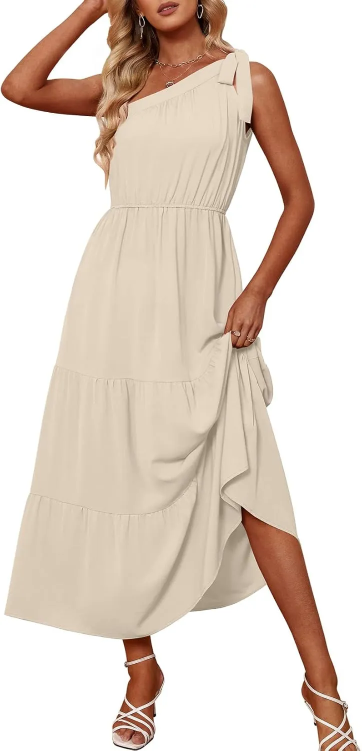 NIASHOT Maxi Dress for Women One Shoulder Ruffle Summer Sleeveless Dresses Flowy