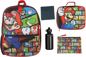 Nintendo Backpack Super Mario 5 PC Shimmer Character 16" Lunch Box Combo Set