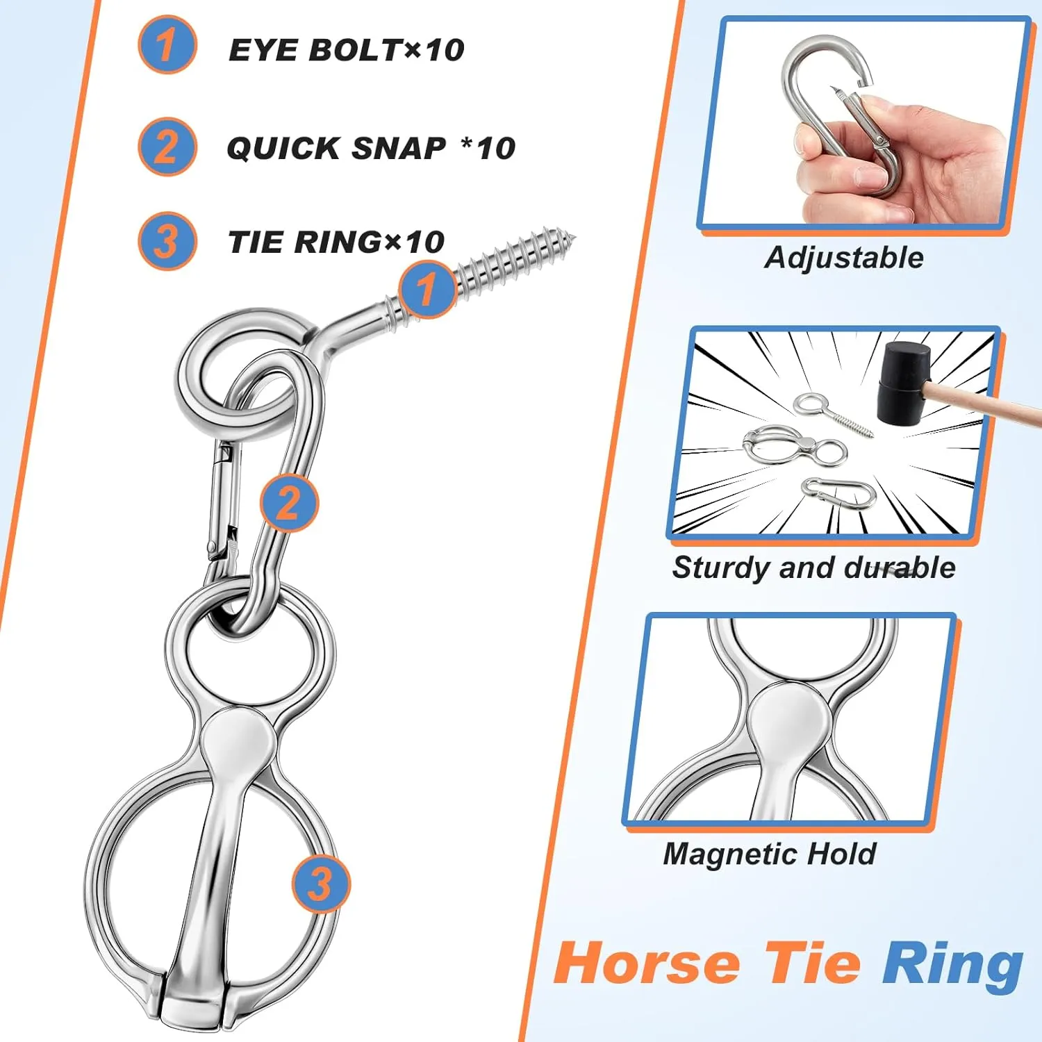 Nuenen Horse Tie Ring Stainless Steel Horse Tack and Supplies Safety Accessories with Eye Bolts and Snaps Saddle Training Equipment for Pulling