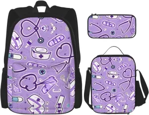 Nurse Pattern Purple Print Comfortable Adjustable Shoulder Casual Fashion Backpack Lunch Bag Pencil Case