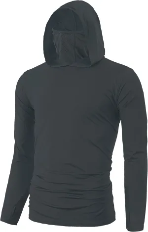 Ohoo Mens Slim Fit Long Sleeve Lightweight Cool Dry UPF 50  Sun Protection Face Mask Mock Neck Athletic Hoodie T-Shirt