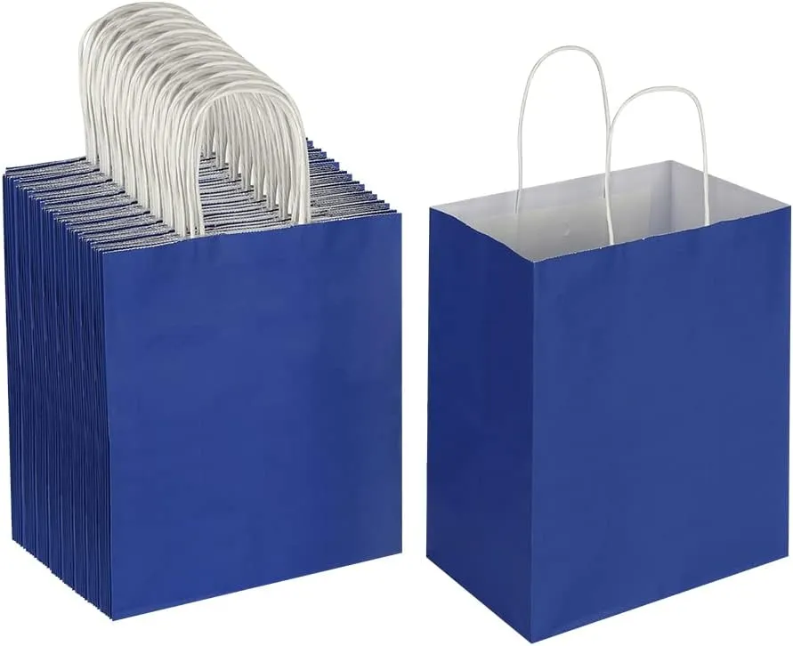 Oikss 100 Pack 8x4.75x10 Inch Medium Royal Blue Kraft Paper Bags with Handles Bulk for Birthday Wedding Party Favors Grocery Retail Shopping Business Goody Craft Gift Bags Sacks, (100pcs Count)