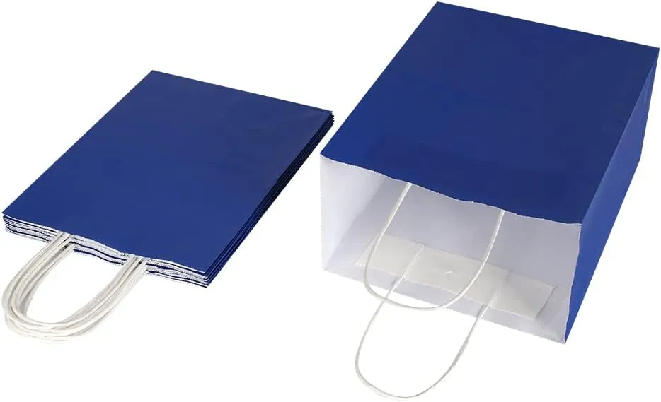 Oikss 100 Pack 8x4.75x10 Inch Medium Royal Blue Kraft Paper Bags with Handles Bulk for Birthday Wedding Party Favors Grocery Retail Shopping Business Goody Craft Gift Bags Sacks, (100pcs Count)