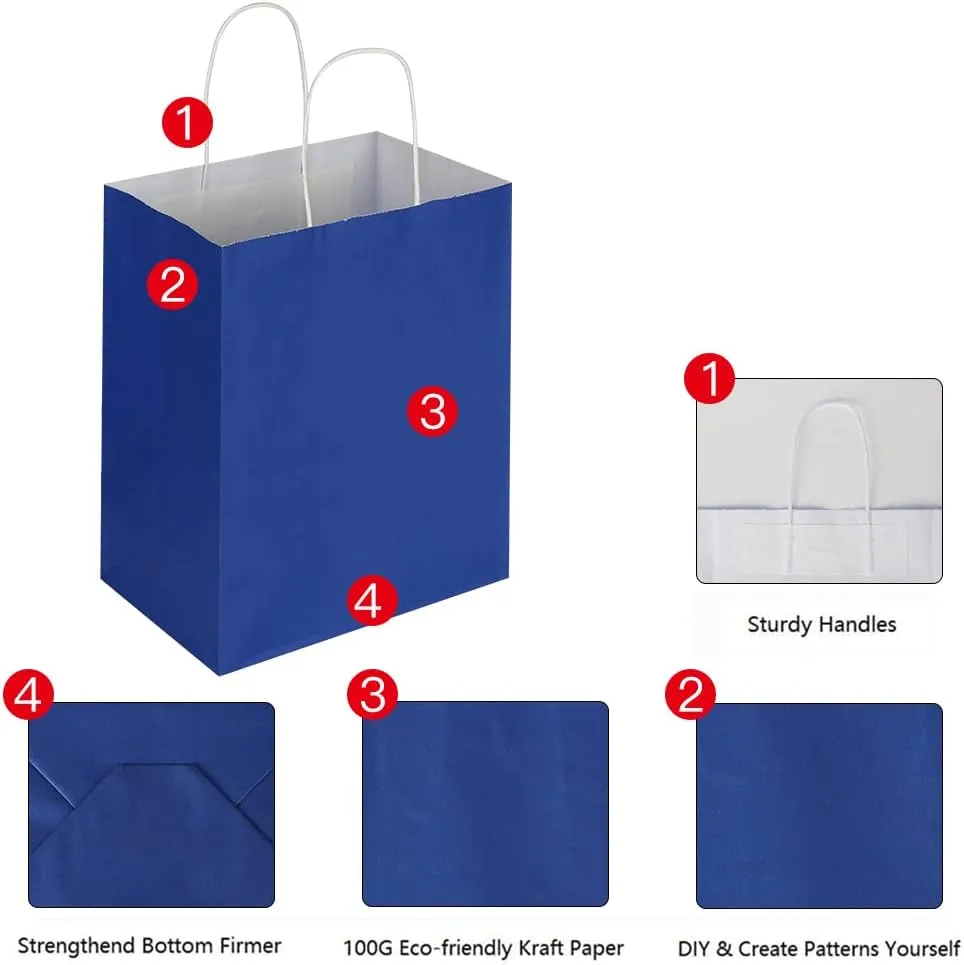 Oikss 100 Pack 8x4.75x10 Inch Medium Royal Blue Kraft Paper Bags with Handles Bulk for Birthday Wedding Party Favors Grocery Retail Shopping Business Goody Craft Gift Bags Sacks, (100pcs Count)