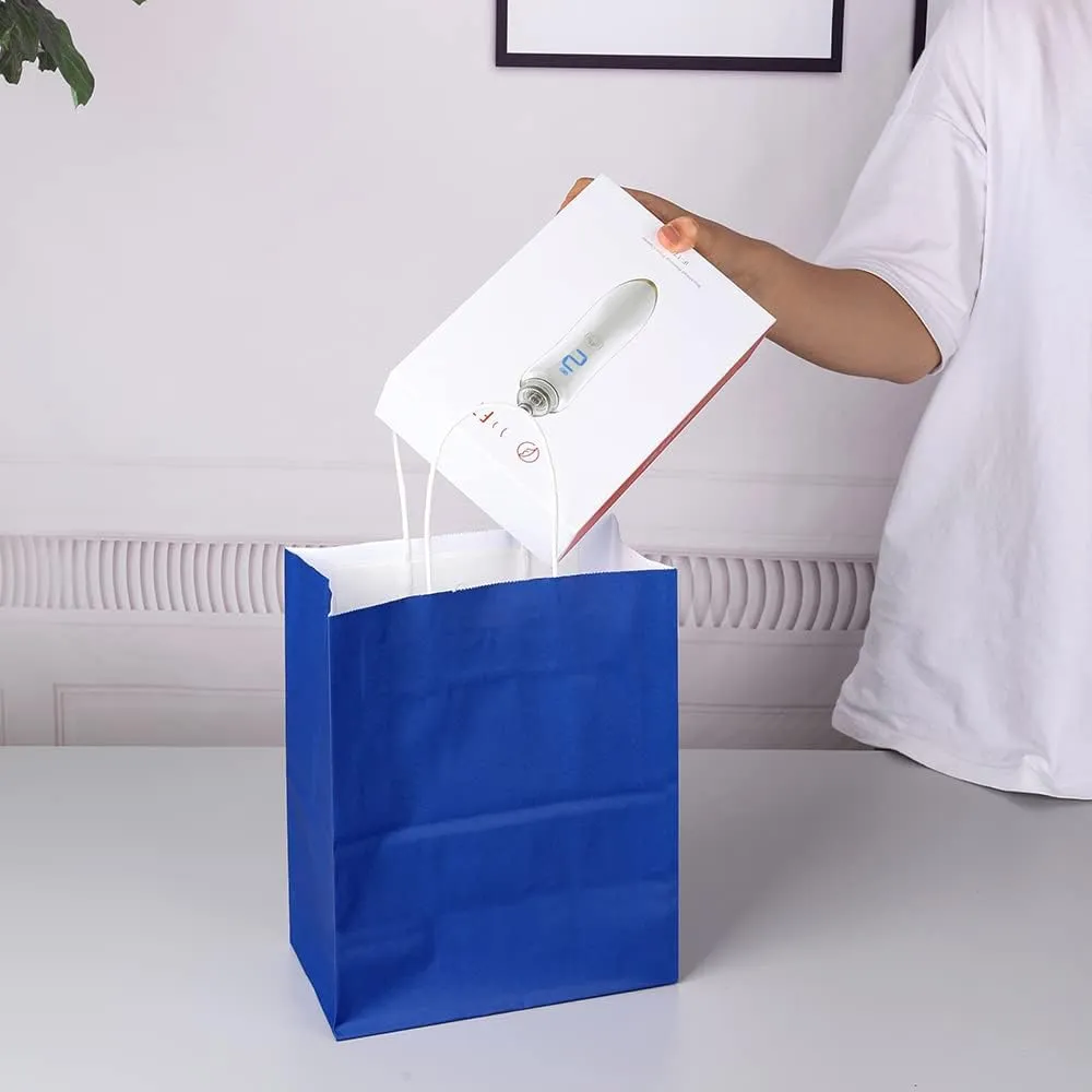 Oikss 100 Pack 8x4.75x10 Inch Medium Royal Blue Kraft Paper Bags with Handles Bulk for Birthday Wedding Party Favors Grocery Retail Shopping Business Goody Craft Gift Bags Sacks, (100pcs Count)