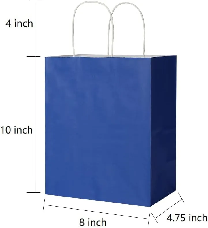 Oikss 100 Pack 8x4.75x10 Inch Medium Royal Blue Kraft Paper Bags with Handles Bulk for Birthday Wedding Party Favors Grocery Retail Shopping Business Goody Craft Gift Bags Sacks, (100pcs Count)