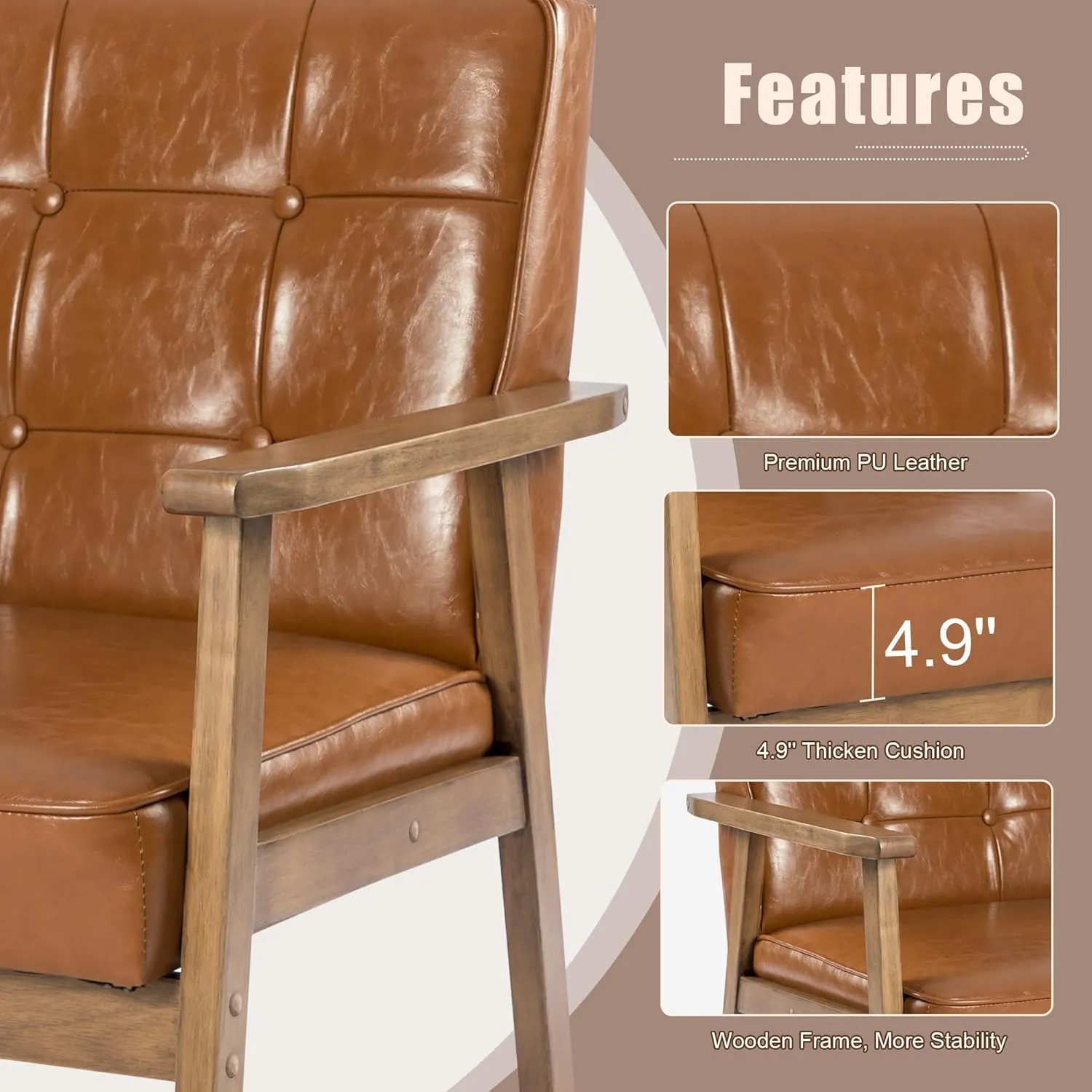 Okeysen Mid Century Modern Accent Chair, Retro Wood Leather Armchairs Side Chair, Lounge Reading Comfy Arm Chair for Living Room, Bedroom, Office (Brown)