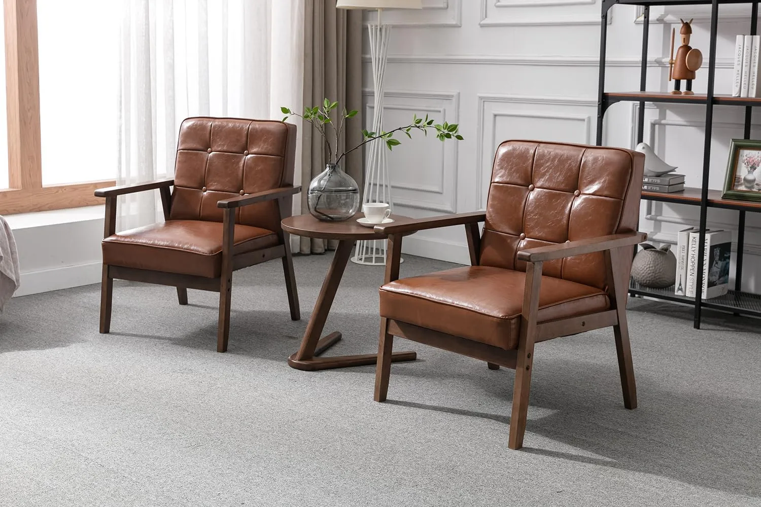 Okeysen Mid Century Modern Accent Chair, Retro Wood Leather Armchairs Side Chair, Lounge Reading Comfy Arm Chair for Living Room, Bedroom, Office (Brown)