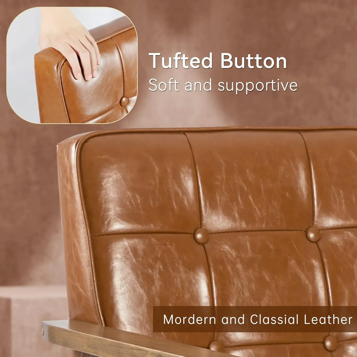 Okeysen Mid Century Modern Accent Chair, Retro Wood Leather Armchairs Side Chair, Lounge Reading Comfy Arm Chair for Living Room, Bedroom, Office (Brown)