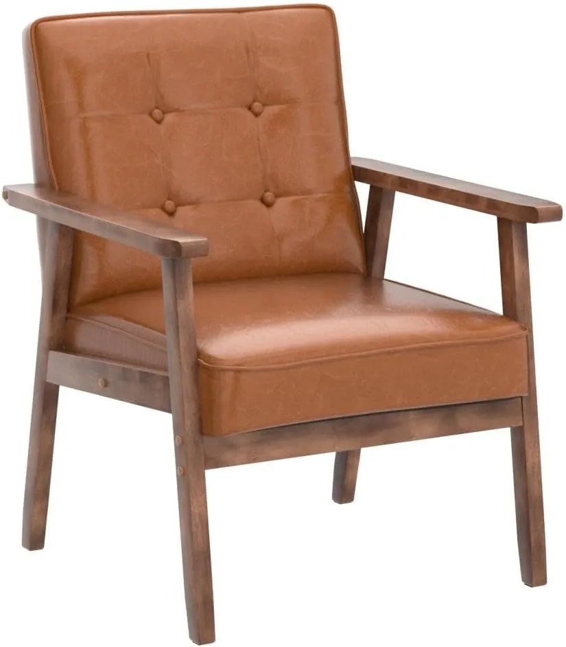Okeysen Mid Century Modern Accent Chair, Retro Wood Leather Armchairs Side Chair, Lounge Reading Comfy Arm Chair for Living Room, Bedroom, Office (Brown)