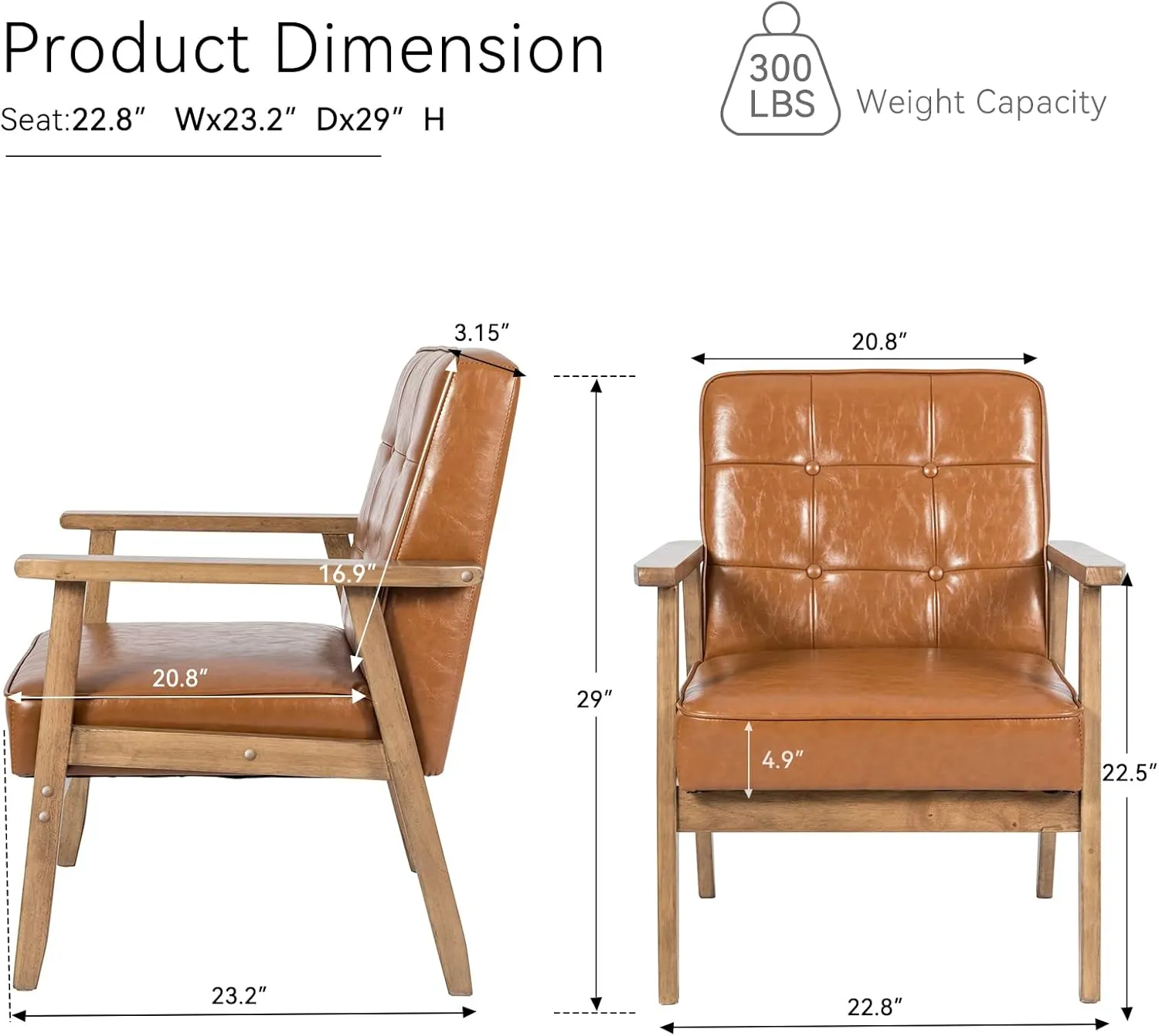 Okeysen Mid Century Modern Accent Chair, Retro Wood Leather Armchairs Side Chair, Lounge Reading Comfy Arm Chair for Living Room, Bedroom, Office (Brown)