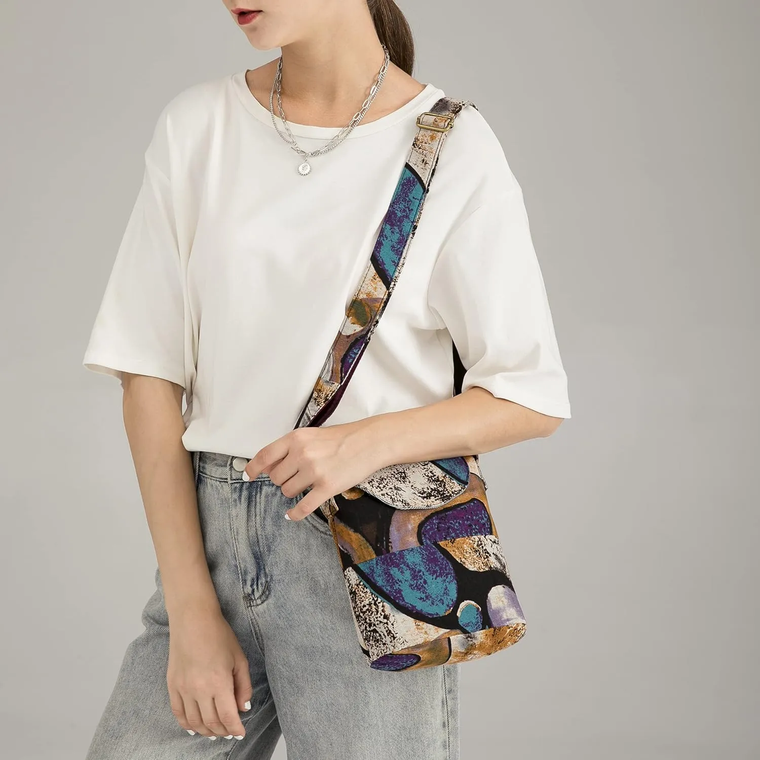 OPQRSTU Women's Retro Small Size Canvas Shoulder Bag Hippie Boho Crossbody Handbag