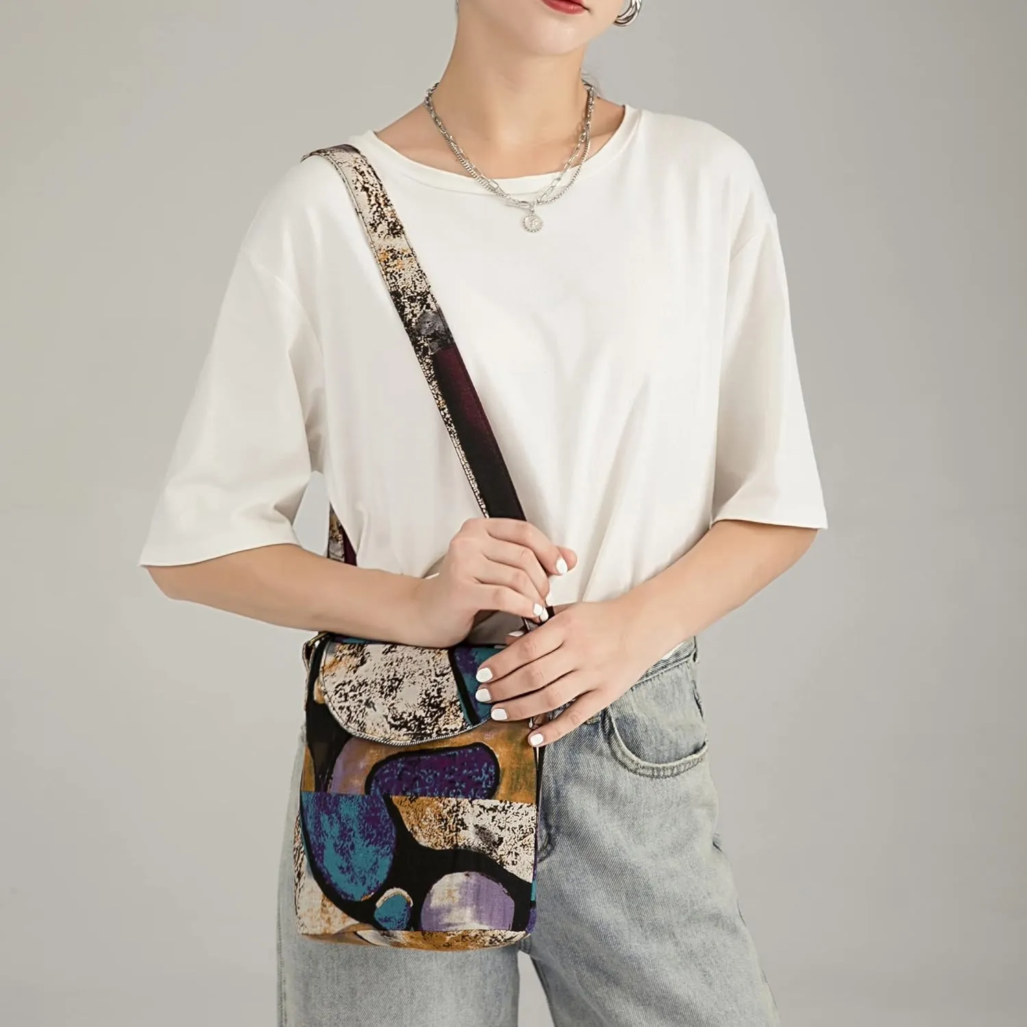 OPQRSTU Women's Retro Small Size Canvas Shoulder Bag Hippie Boho Crossbody Handbag