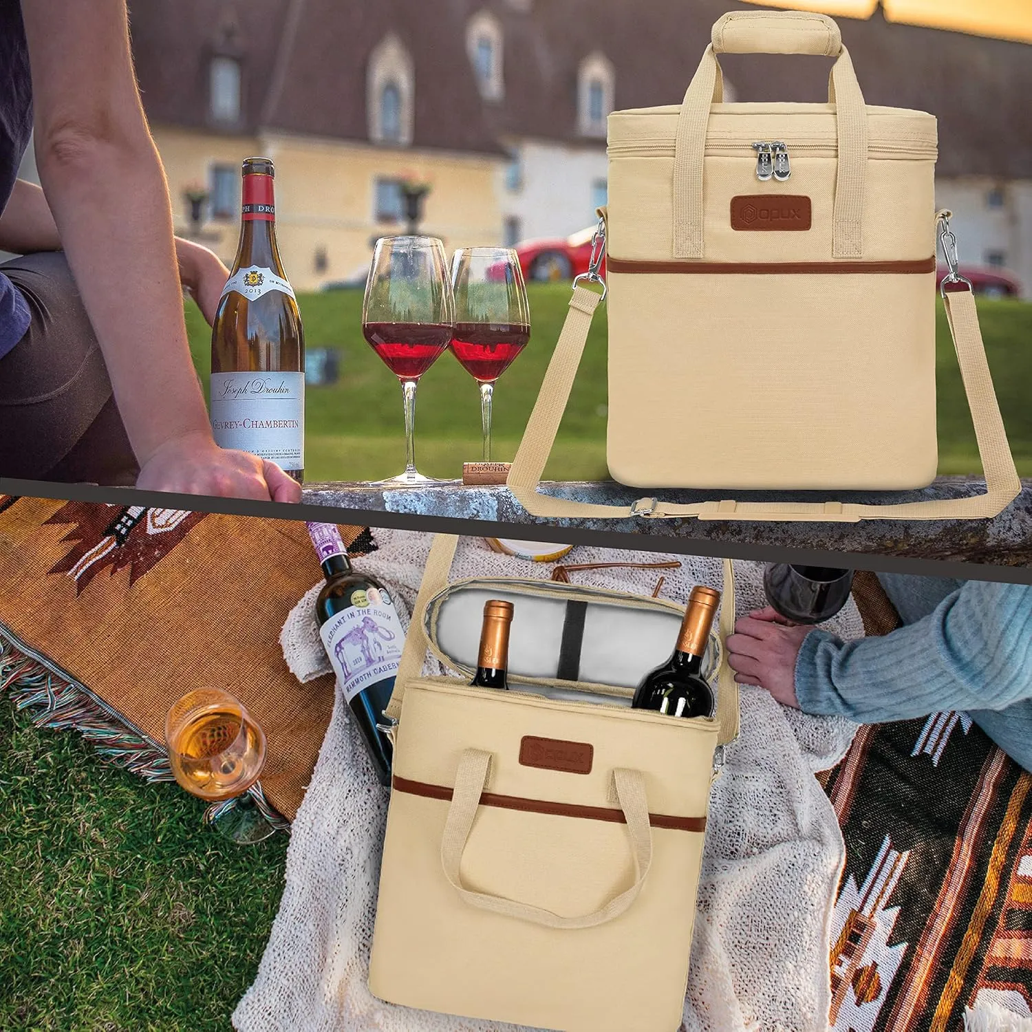 Opux 3 Bottle Insulated Leakproof Wine Cooler Bag, Tote for Picnic Beach, Portable Carrying Case, Cream