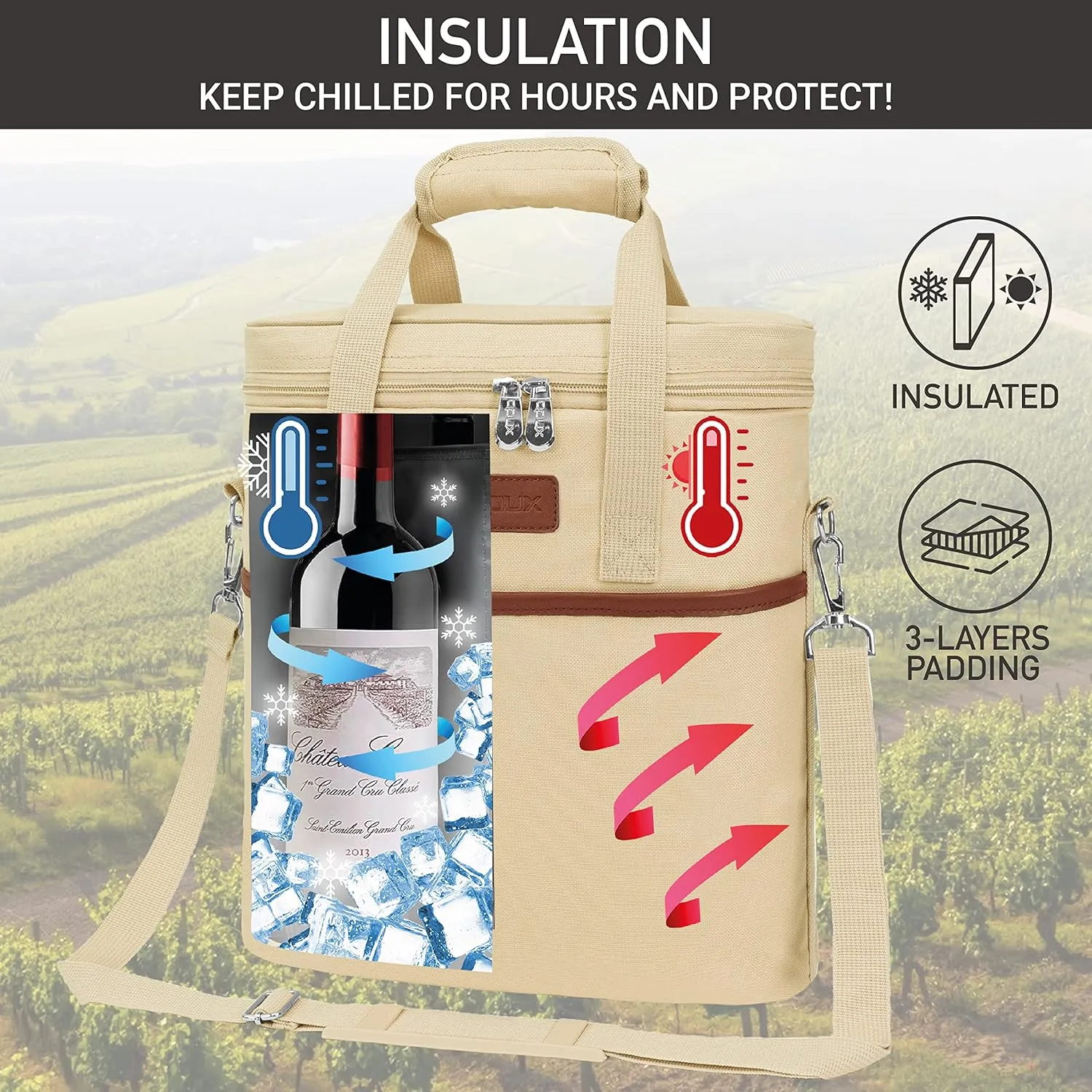 Opux 3 Bottle Insulated Leakproof Wine Cooler Bag, Tote for Picnic Beach, Portable Carrying Case, Cream
