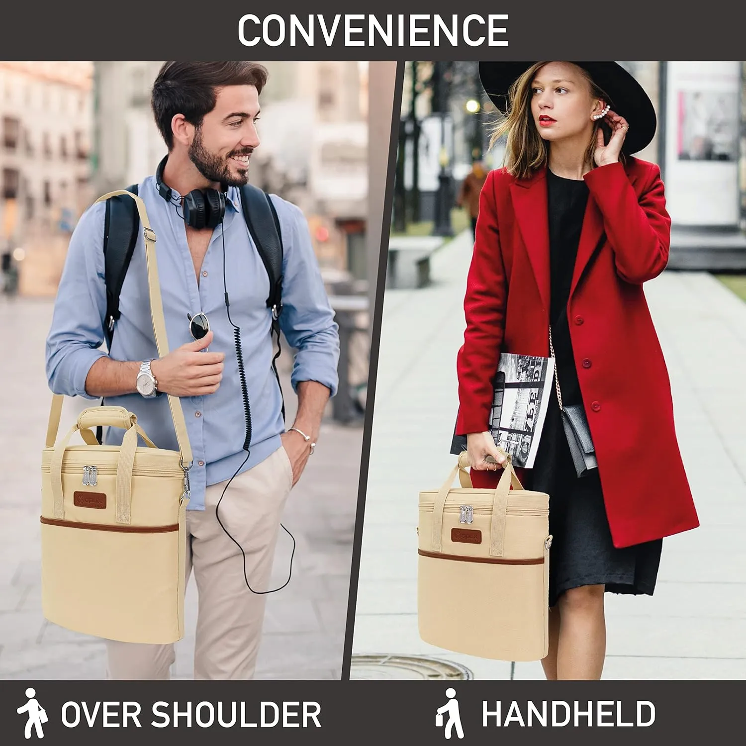 Opux 3 Bottle Insulated Leakproof Wine Cooler Bag, Tote for Picnic Beach, Portable Carrying Case, Cream