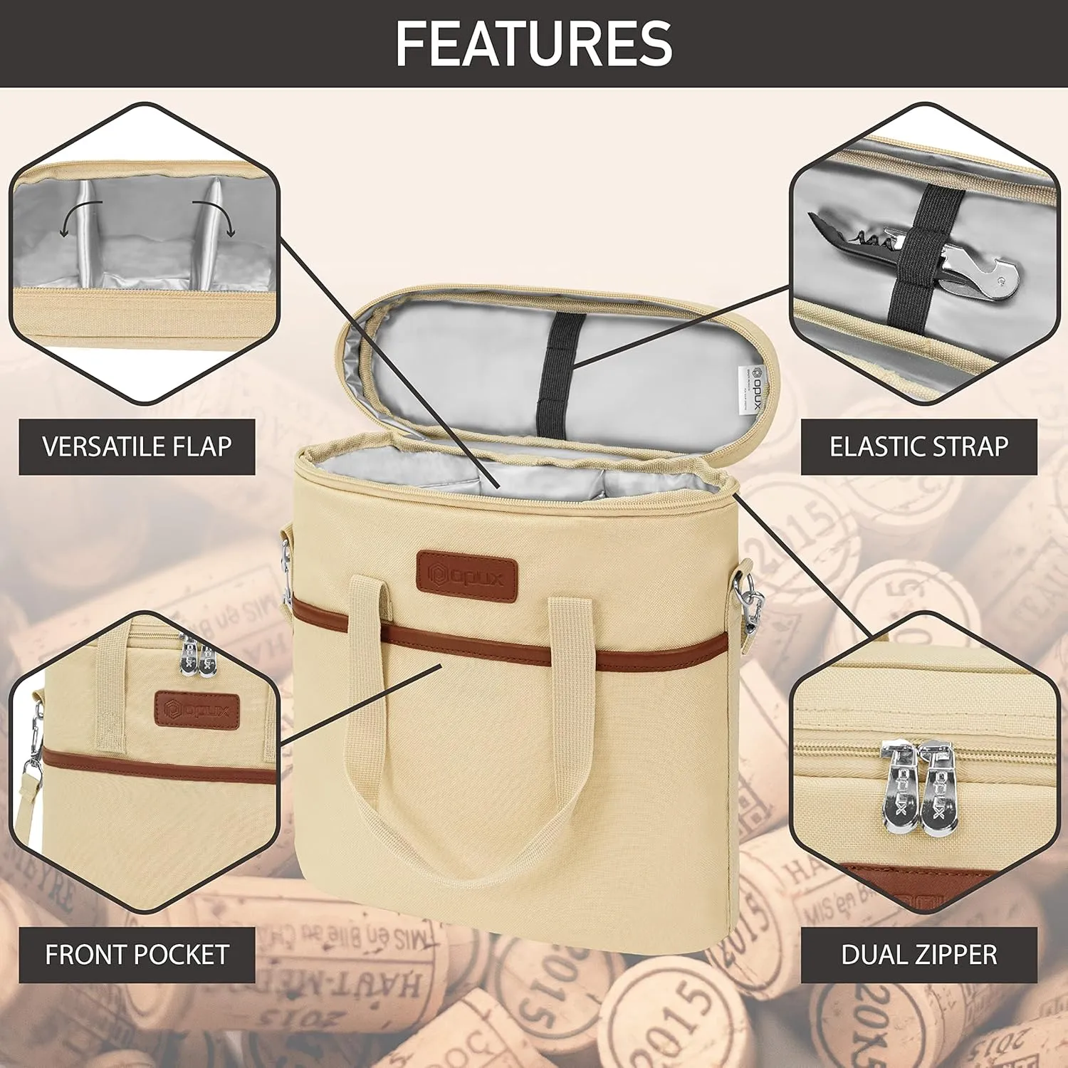 Opux 3 Bottle Insulated Leakproof Wine Cooler Bag, Tote for Picnic Beach, Portable Carrying Case, Cream
