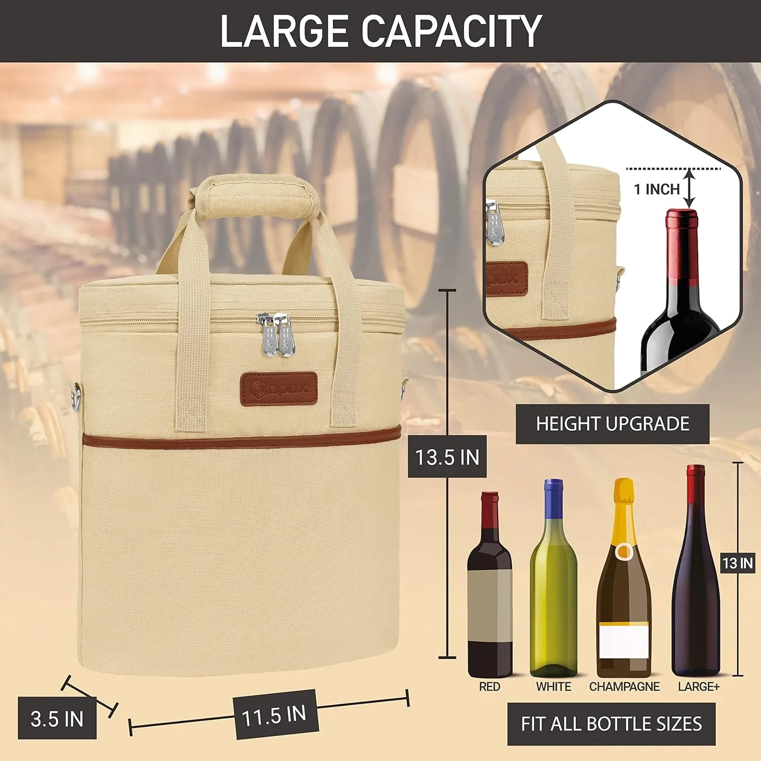 Opux 3 Bottle Insulated Leakproof Wine Cooler Bag, Tote for Picnic Beach, Portable Carrying Case, Cream