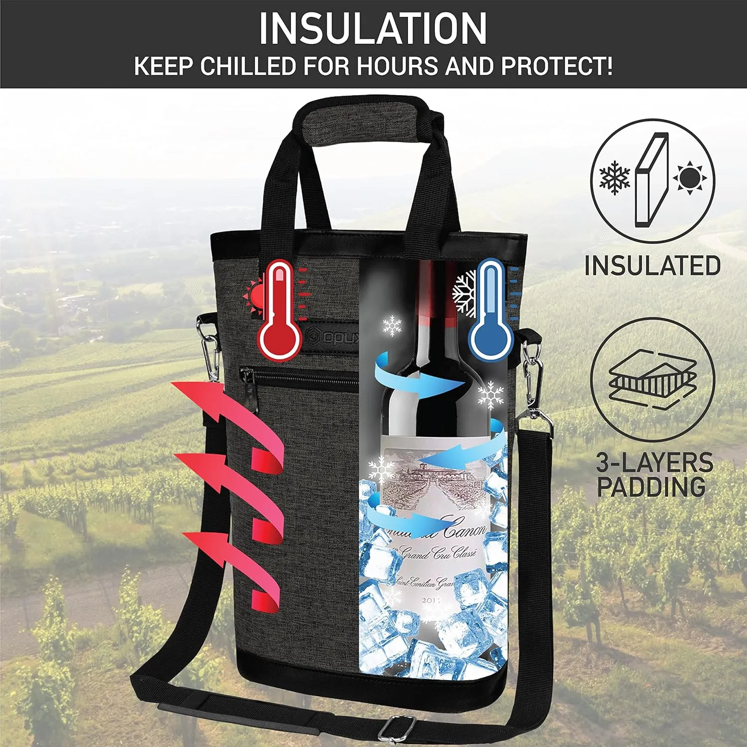 opux Two Bottle Wine Bag Carrier Tote, Insulated Leakproof 2 Bottle Wine Cooler Bag for Travel BYOB Picnic, Portable Wine Case, Gift for Men Women Wine Lover Birthday Party Christmas, Charcoal Gray