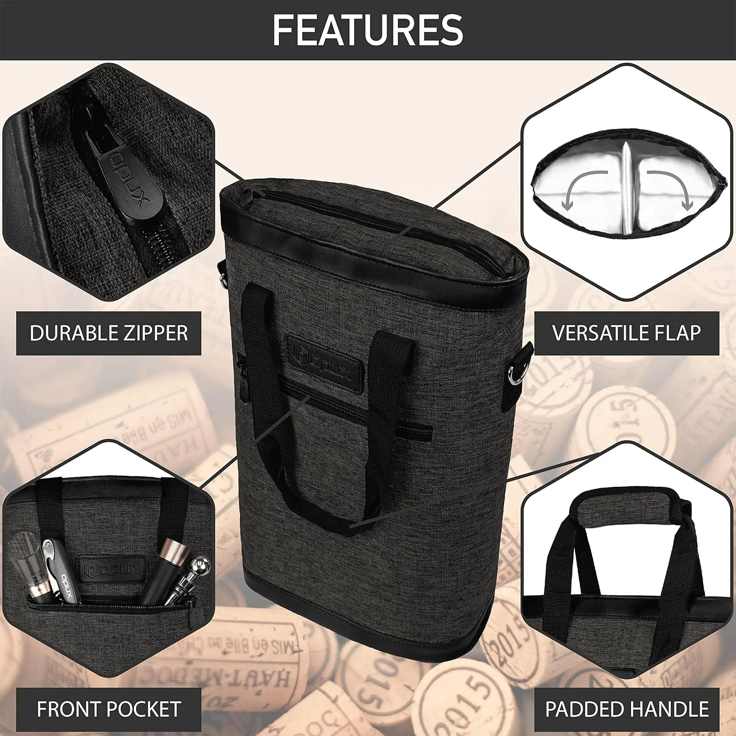 opux Two Bottle Wine Bag Carrier Tote, Insulated Leakproof 2 Bottle Wine Cooler Bag for Travel BYOB Picnic, Portable Wine Case, Gift for Men Women Wine Lover Birthday Party Christmas, Charcoal Gray