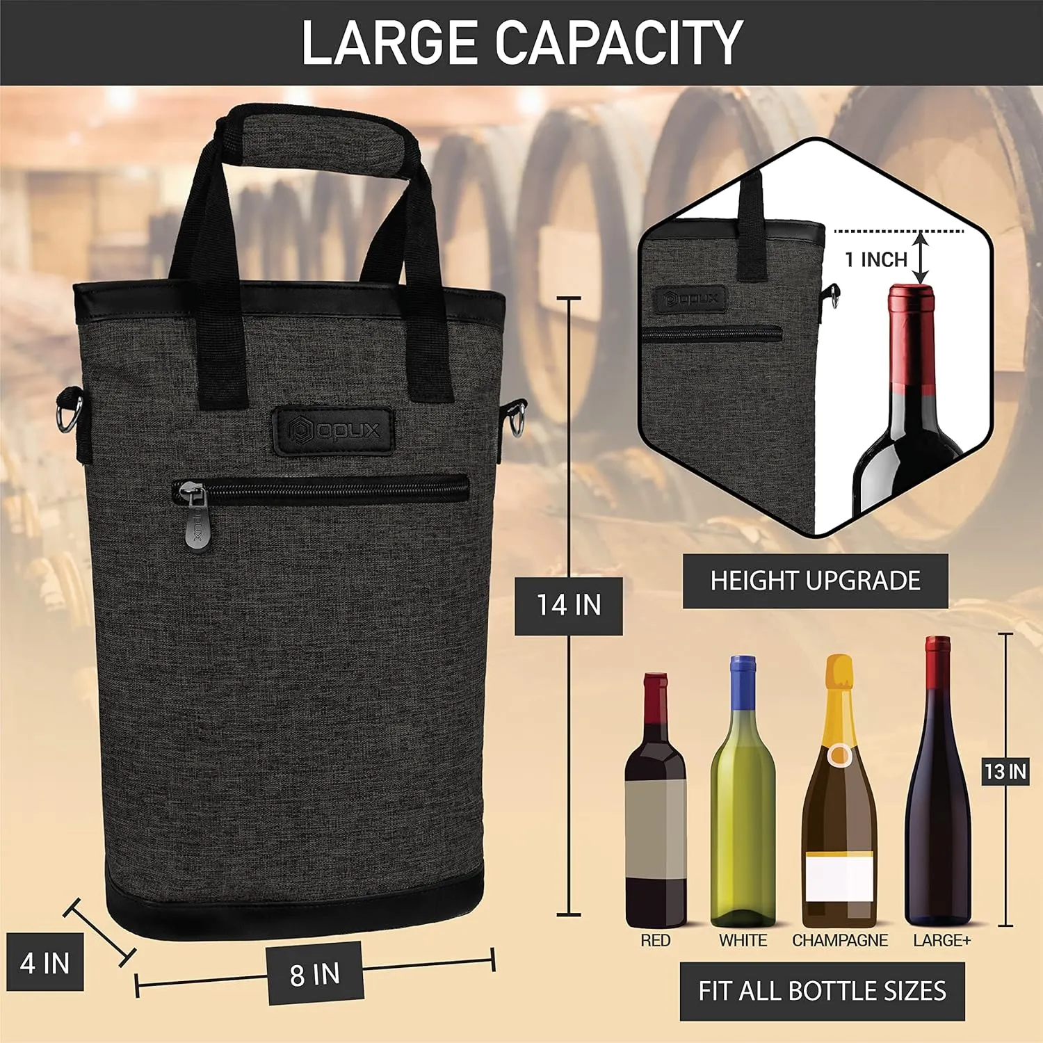 opux Two Bottle Wine Bag Carrier Tote, Insulated Leakproof 2 Bottle Wine Cooler Bag for Travel BYOB Picnic, Portable Wine Case, Gift for Men Women Wine Lover Birthday Party Christmas, Charcoal Gray