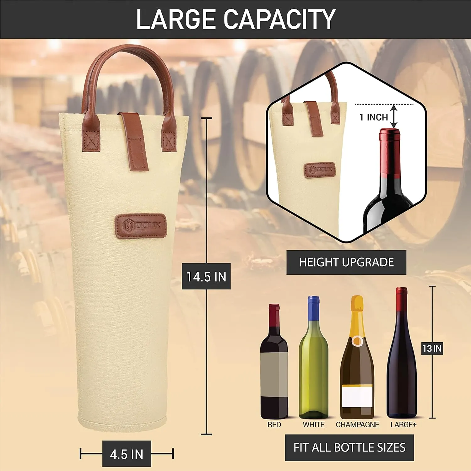 OPUX Wine Bag Single Bottle Carrier Tote, Insulated Travel Wine Cooler Bag for Picnic Beach Gift, Thermal Padded Portable One Bottle Holder Carrying Case for Women Men Wine Lovers, Cream Beige