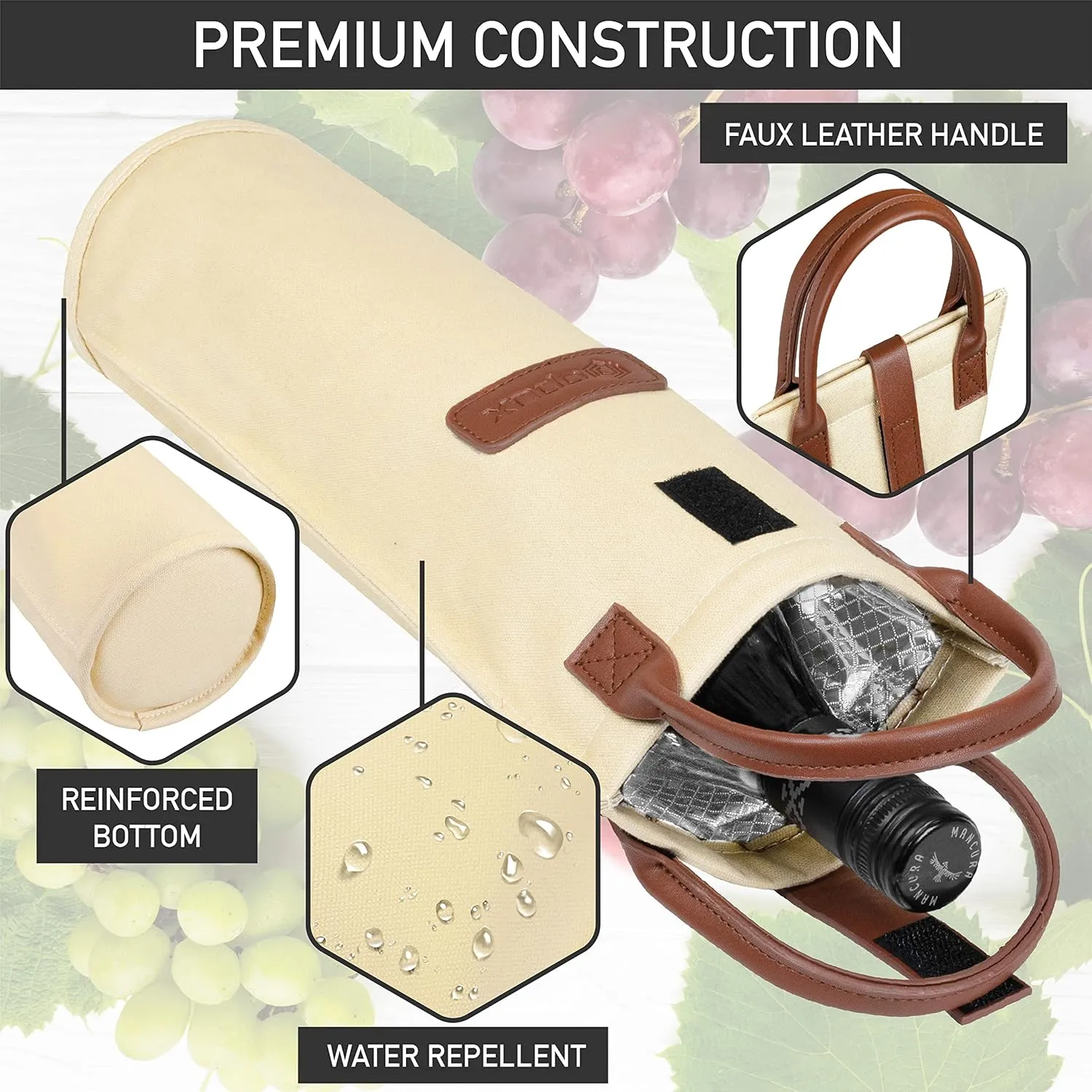 OPUX Wine Bag Single Bottle Carrier Tote, Insulated Travel Wine Cooler Bag for Picnic Beach Gift, Thermal Padded Portable One Bottle Holder Carrying Case for Women Men Wine Lovers, Cream Beige