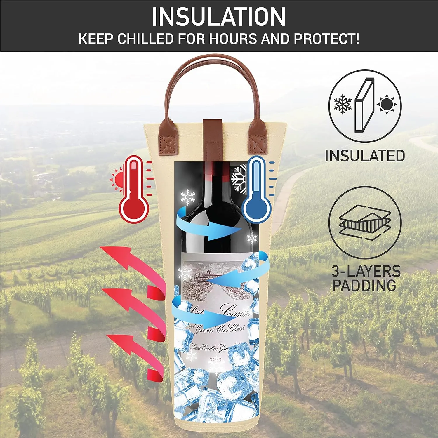 OPUX Wine Bag Single Bottle Carrier Tote, Insulated Travel Wine Cooler Bag for Picnic Beach Gift, Thermal Padded Portable One Bottle Holder Carrying Case for Women Men Wine Lovers, Cream Beige