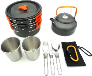 Orange,Camping Cookware Mess Kit, Lightweight Pot Pan Kettle with 2 Cups, Fork Spoon Kit Stainless Steel for Backpacking, Outdoor Camping Hiking and Picnic