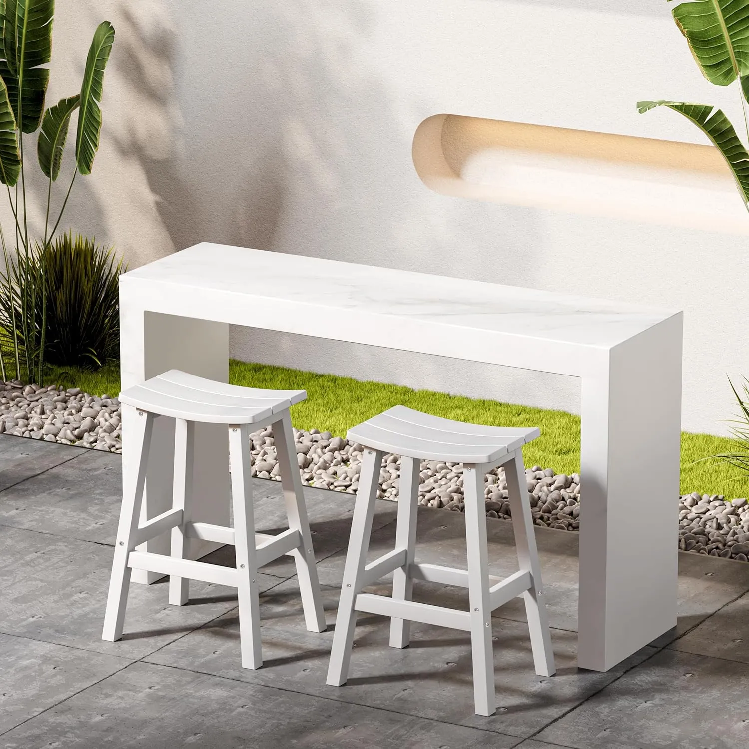 Outdoor Bar Stools Set of 2, Waterproof Barstools, Easy to Clean and Care, for Bar, Kitchen Counter, Deck, and Patio, White