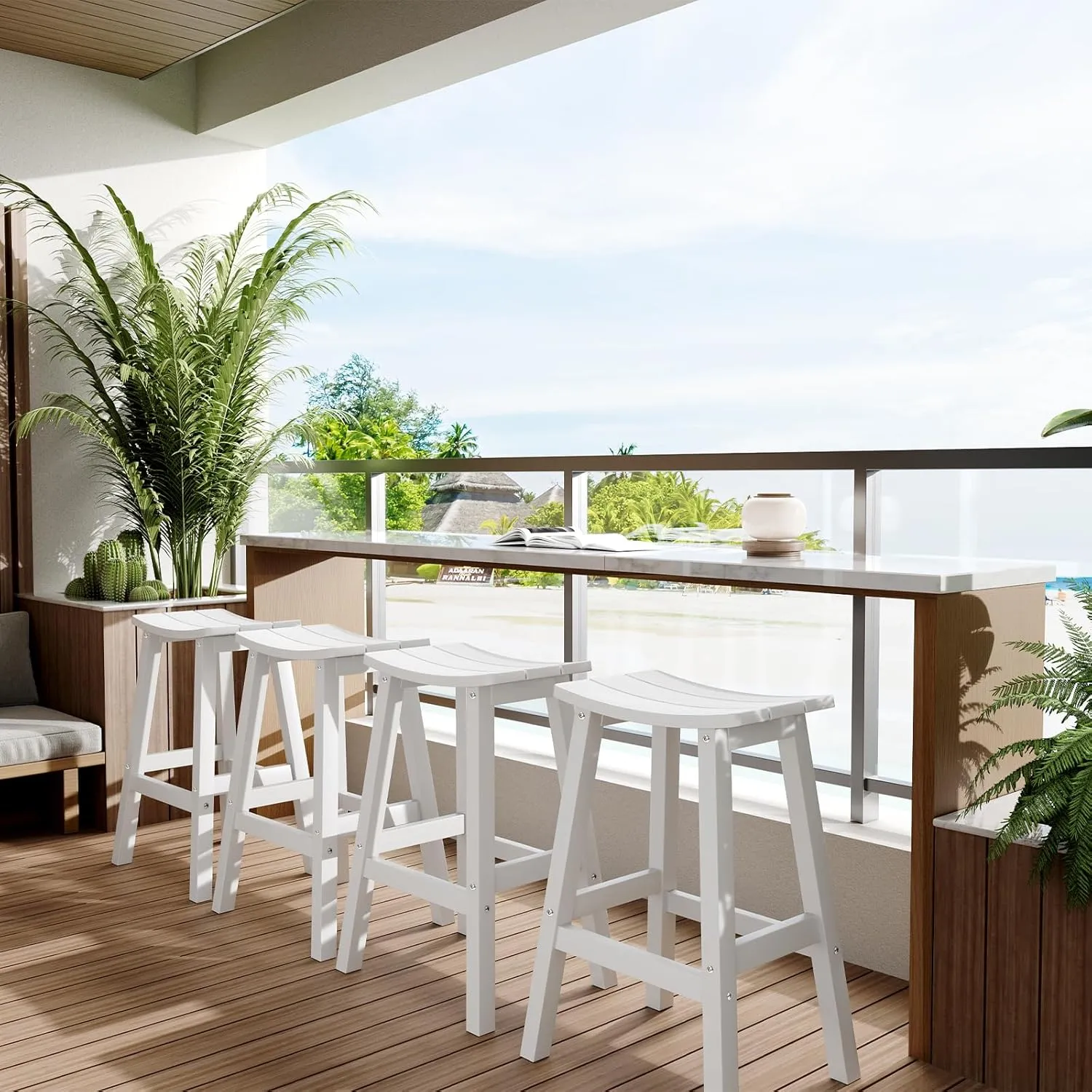 Outdoor Bar Stools Set of 2, Waterproof Barstools, Easy to Clean and Care, for Bar, Kitchen Counter, Deck, and Patio, White