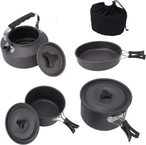 Outdoor Camping Cookware Set, Portable Camping Cooking Pot Pan Set for Backpacking Hiking Picnic (Kettle, Pot, Frying Pan, Storage Bag)