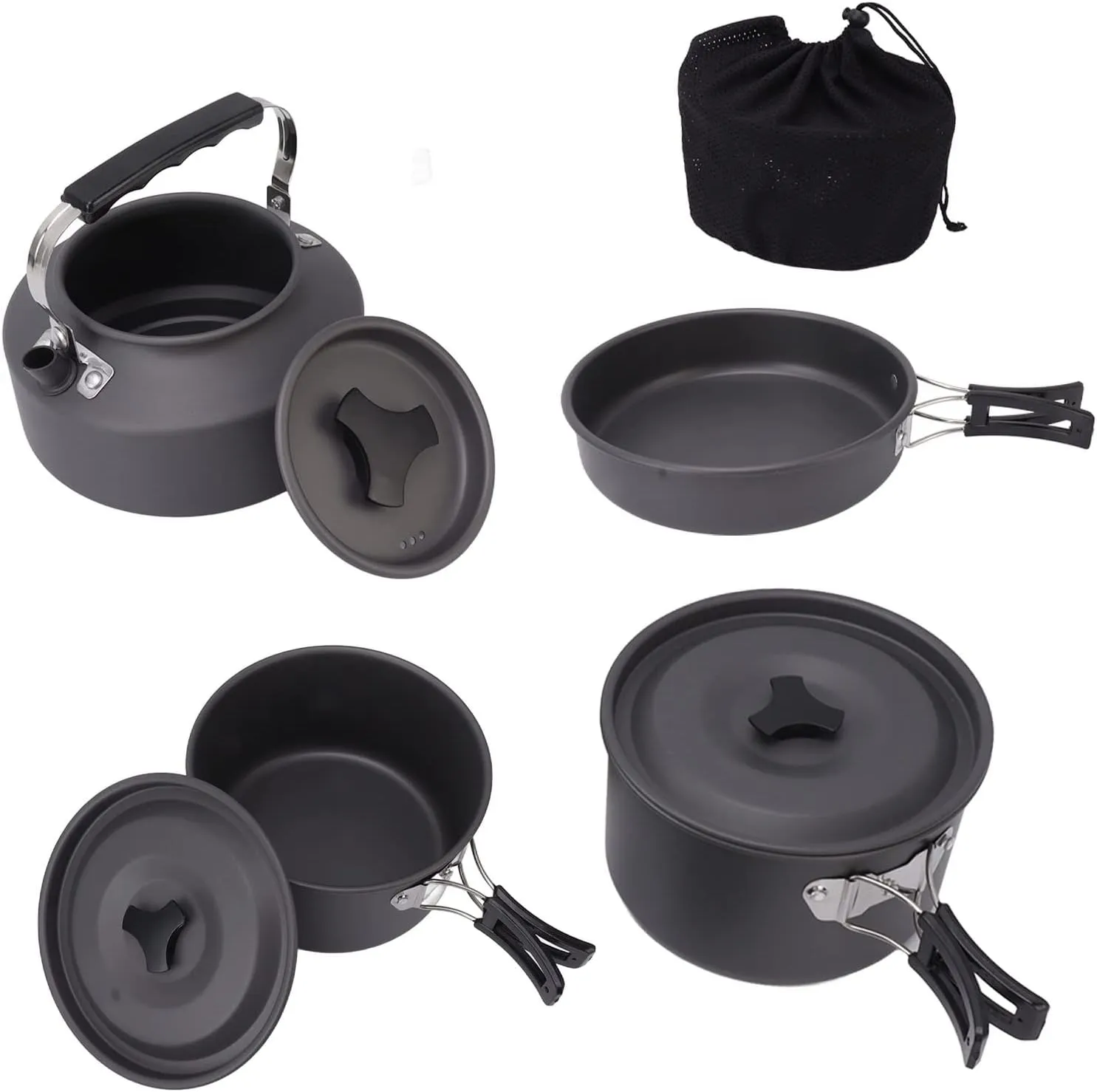 Outdoor Camping Cookware Set, Portable Camping Cooking Pot Pan Set for Backpacking Hiking Picnic (Kettle, Pot, Frying Pan, Storage Bag)